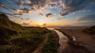 Sunset water grassy bank dusk - free summer wallpaper