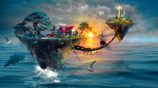 Floating island house birds matte - the water and a bird free wallpaper