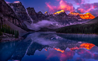 Mountain lake forest sunset fantasy - mystical color free wallpaper