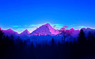 Mountain trees birds sunset purple - dan mumford free wallpaper