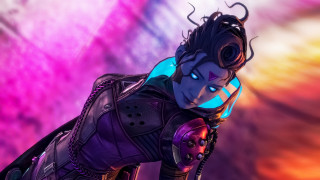 Futuristic woman armor glowing blue - her face and chest free wallpaper