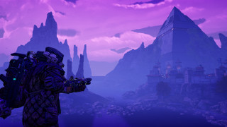 Man purple sky mountains castle - retrofuturism free wallpaper