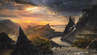 Sunset mountain lake clouds fantasy - a lake and mountains free wallpaper