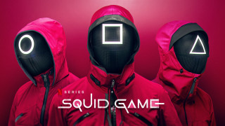 Squid game red jackets logo - three person free wallpaper