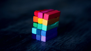 Colorful blocks table blue light - synchromism free wallpaper