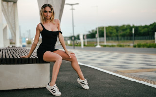 Woman bench black dress white - full body pose free wallpaper