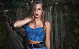 Woman glasses denim pose Eszter - a wooden fence free wallpaper