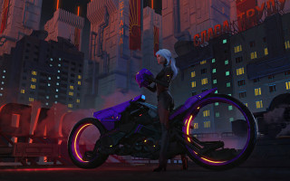 Woman motorcycle neon city night 2 - cyberpunk style free wallpaper