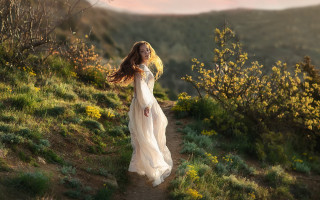 Woman white dress field autumn 3 - yellow flower free wallpaper