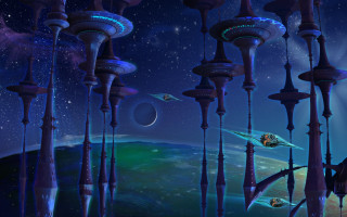 Futuristic city spaceship planet afrofuturism - chris moore free wallpaper