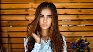 Woman long hair portrait flower - a wooden wall free wallpaper for desktop