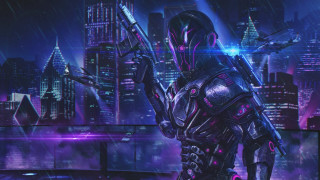 Futuristic suit man sword cityscape - cyberpunk style free wallpaper