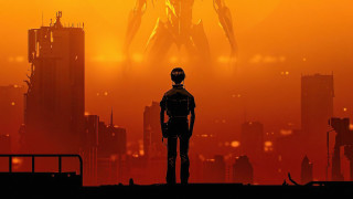 Man robot city sunset cyberpunk - mecha free wallpaper