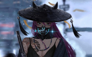 Cyberpunk hat woman sword blurry - horn free wallpaper for desktop