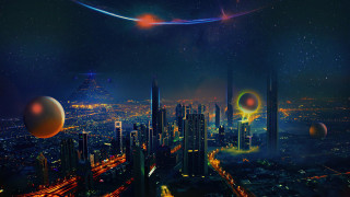 Futuristic city night planet skyline - chris moore free wallpaper