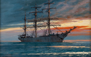 Sunset ship ocean clouds matte - a painting of a ship in the ocean free wallpaper
