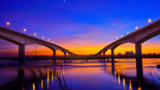 Bridge water sunset lights city - almada negreiro free wallpaper