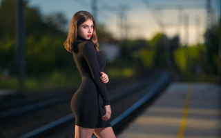 Woman black dress train track - a train track free wallpaper