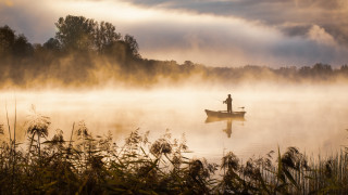 Lake fog boat man forest - a man in a boat free wallpaper