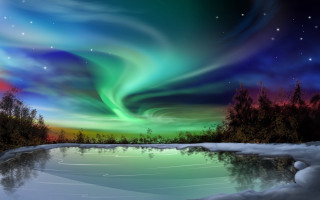 Aurora borealis frozen lake woods 2 - frozen free wallpaper