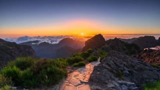 Mountain path sunset ocean forest - the distance behind free wallpaper