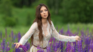 Woman white dress purple flowers - purple flower free wallpaper for desktop