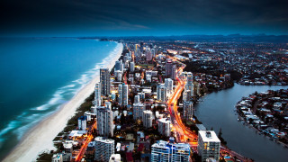 City water night lights beach - aerial free wallpaper