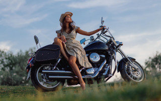 Woman motorcycle field sky photorealistic - a photorealistic painting free wallpaper