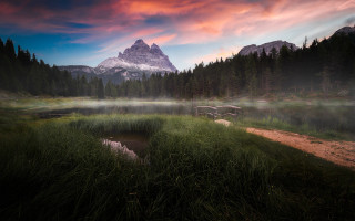 Mountain lake trees sunset clouds 5 - a lake and trees free wallpaper