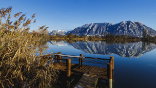 Lake dock bench mountains sky - a wooden dock next free wallpaper