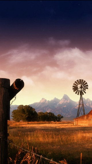 Windmill barn field mountains sunset 2 - dawn free wallpaper for mobile