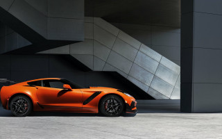 Orange sports car building staircase - a black door free wallpaper for desktop