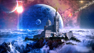 Fantasy castle sky clouds planets - christophe vacher free wallpaper for desktop