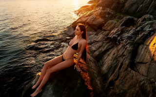 Woman bikini sitting rock ocean 2 - sunrise time free wallpaper
