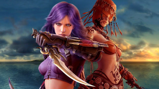 Fantasy women swords sunset beach - a couple of women free wallpaper
