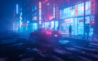 Car street night cyberpunk neon - the side of the street free wallpaper