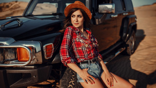 Desert cowgirl truck denim plaid - a woman in a cowboy hat free wallpaper