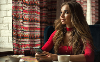 Woman coffee phone brick library - a woman sitting free wallpaper