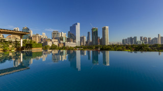 City skyline reflection tiltshift panorama - panoramic view free wallpaper