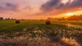 Hay bales sunset clouds cityscape 2 - the foreground and a sunset in the background free wallpaper