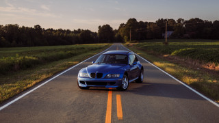 Blue car road field trees 2 - a blue car free wallpaper for desktop