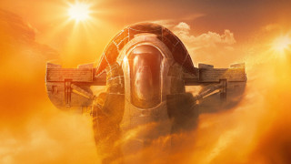 Afrofuturism spaceship sunset cityscape mountain - the fifth element artifact free wallpaper