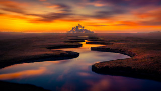 Castle river sunset magic realism - dreamlike free wallpaper for desktop