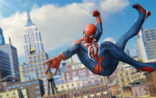 Spiderman flying cityscape skyscrapers urban - the air in front free wallpaper