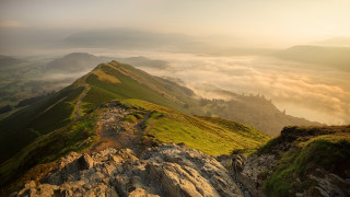 Mountain trail clouds fog trees - a trail free wallpaper
