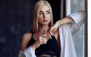 Woman black top white jacket - a black top free wallpaper