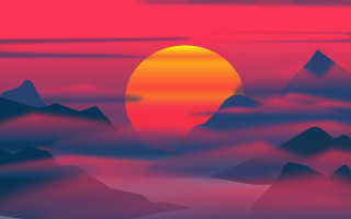 Sunset mountains red sky clouds - volumetric fog free wallpaper