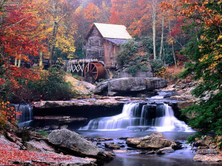 Small waterfall wooden building bridge - a wooden building free wallpaper