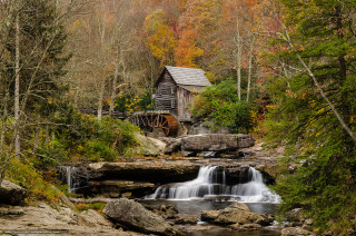 Small waterfall forest rocks building - a wooden building free wallpaper