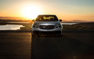 Silver car lake road sunset - the car free wallpaper for desktop